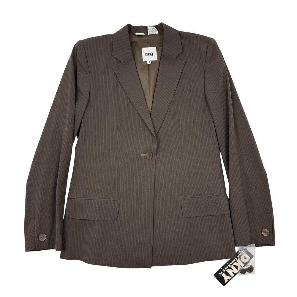 Vintage 90s DKNY Wool Blend Blazer Sz 8 Brown Pinstripe Tailored Union Made USA